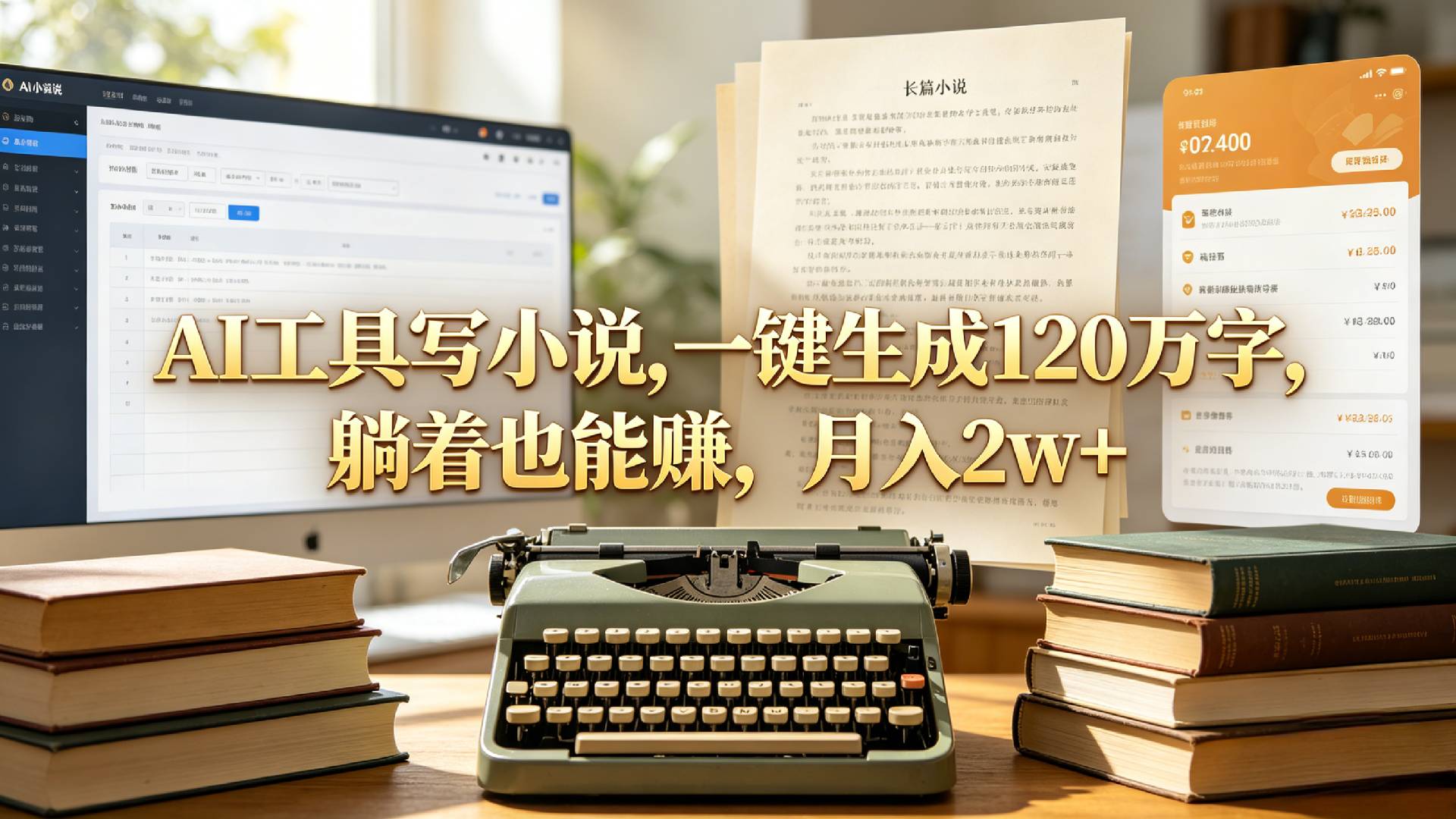 AI工具写小说,一键生成120万字，躺着也能赚，月入2w+！